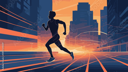Man running in city. Dark runner silhouette during sunset with orange light. Buildings appear in background on city street.