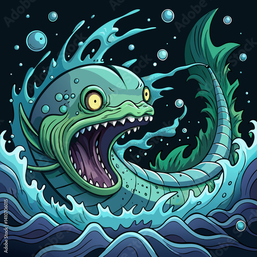 Leviathan rising from ocean depths, glowing with bioluminescent patterns in a dramatic and mystical vector illustration