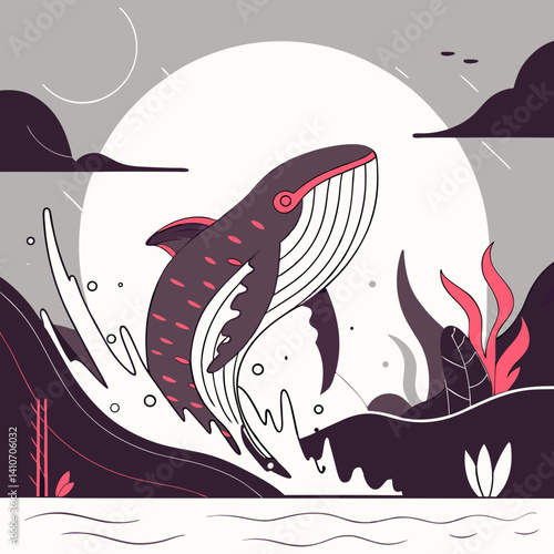 Leviathan rising from ocean depths, glowing with bioluminescent patterns in a dramatic and mystical vector illustration