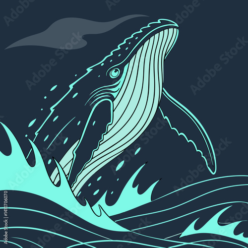 Leviathan rising from ocean depths, glowing with bioluminescent patterns in a dramatic and mystical vector illustration
