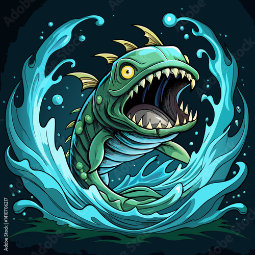 Leviathan rising from ocean depths, glowing with bioluminescent patterns in a dramatic and mystical vector illustration
