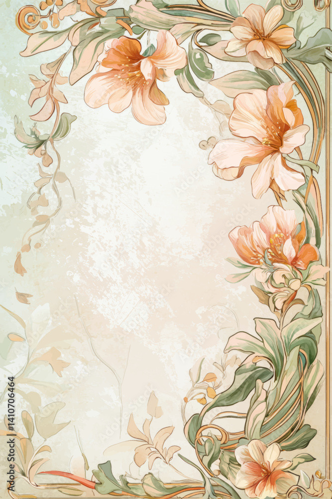Obraz premium Antique Floral Border Vector in Art Nouveau Style for Romantic Presentation and Wedding Invitations