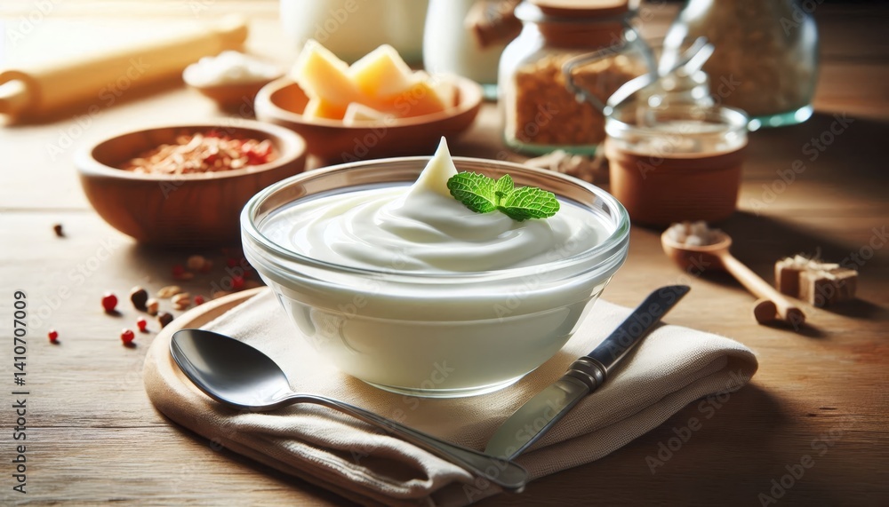 Fresh Yoghurt Breakfast, Greek Yoghurt on a Table in a Glass Bowl decorated with Fruits, Mint or Nuts - Probiotic Dairy Milk Product with High Protein - Healthy Food on a Wooden Plate Fresh Yoghurt Breakfast, Greek Yoghurt on a Table in a Glass Bowl decorated with Fruits, Mint or Nuts - Probiotic Dairy Milk Product with High Protein - Healthy Food on a Wooden Plate