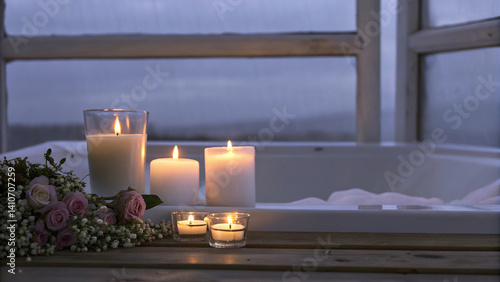 close-up of two candles with soft golden flames, located next to each other, surrounded by delicate, scattered rose petals, romantic atmosphere
