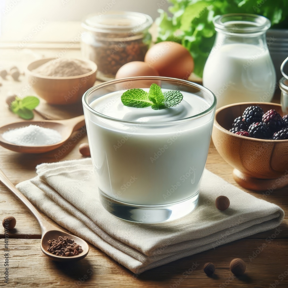 Fresh Yoghurt Breakfast, Greek Yoghurt on a Table in a Glass Bowl decorated with Fruits, Mint or Nuts - Probiotic Dairy Milk Product with High Protein - Healthy Food on a Wooden Plate Fresh Yoghurt Breakfast, Greek Yoghurt on a Table in a Glass Bowl decorated with Fruits, Mint or Nuts - Probiotic Dairy Milk Product with High Protein - Healthy Food on a Wooden Plate