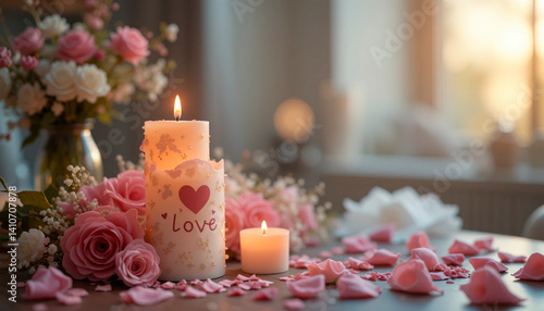 close-up of two candles with soft golden flames, located next to each other, surrounded by delicate, scattered rose petals, romantic atmosphere