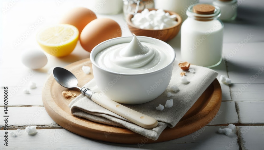 Fresh Yoghurt Breakfast, Greek Yoghurt on a Table in a Glass Bowl decorated with Fruits, Mint or Nuts - Probiotic Dairy Milk Product with High Protein - Healthy Food on a Wooden Plate Fresh Yoghurt Breakfast, Greek Yoghurt on a Table in a Glass Bowl decorated with Fruits, Mint or Nuts - Probiotic Dairy Milk Product with High Protein - Healthy Food on a Wooden Plate