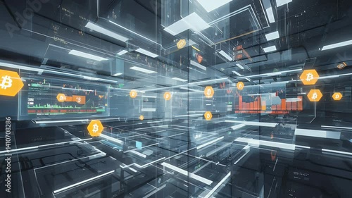 A futuristic digital environment showcasing data visualization and cryptocurrency metrics.