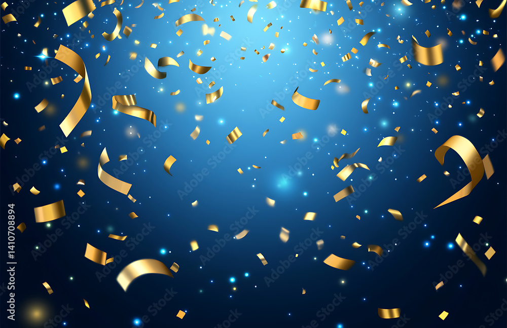Fototapeta premium Falling Gold Confetti on Blue Background Celebration