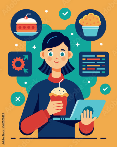 A student takes a break from coding their virtual assistant to grab a snack their mind still racing with algorithms and commands.. Vector illustration
