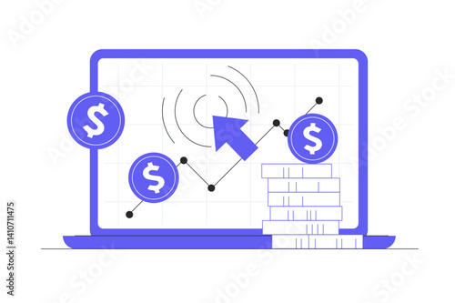 Pay per click, internet marketing. Search engine marketing, PPC advertising, digital advertising. Paid marketing campaigns, increase website traffic. Flat Cartoon Vector Illustration, icon. Stylish 