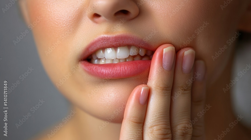 Obraz premium Feeling discomfort as a woman holds her cheek, reflecting tooth pain during a quiet moment indoors