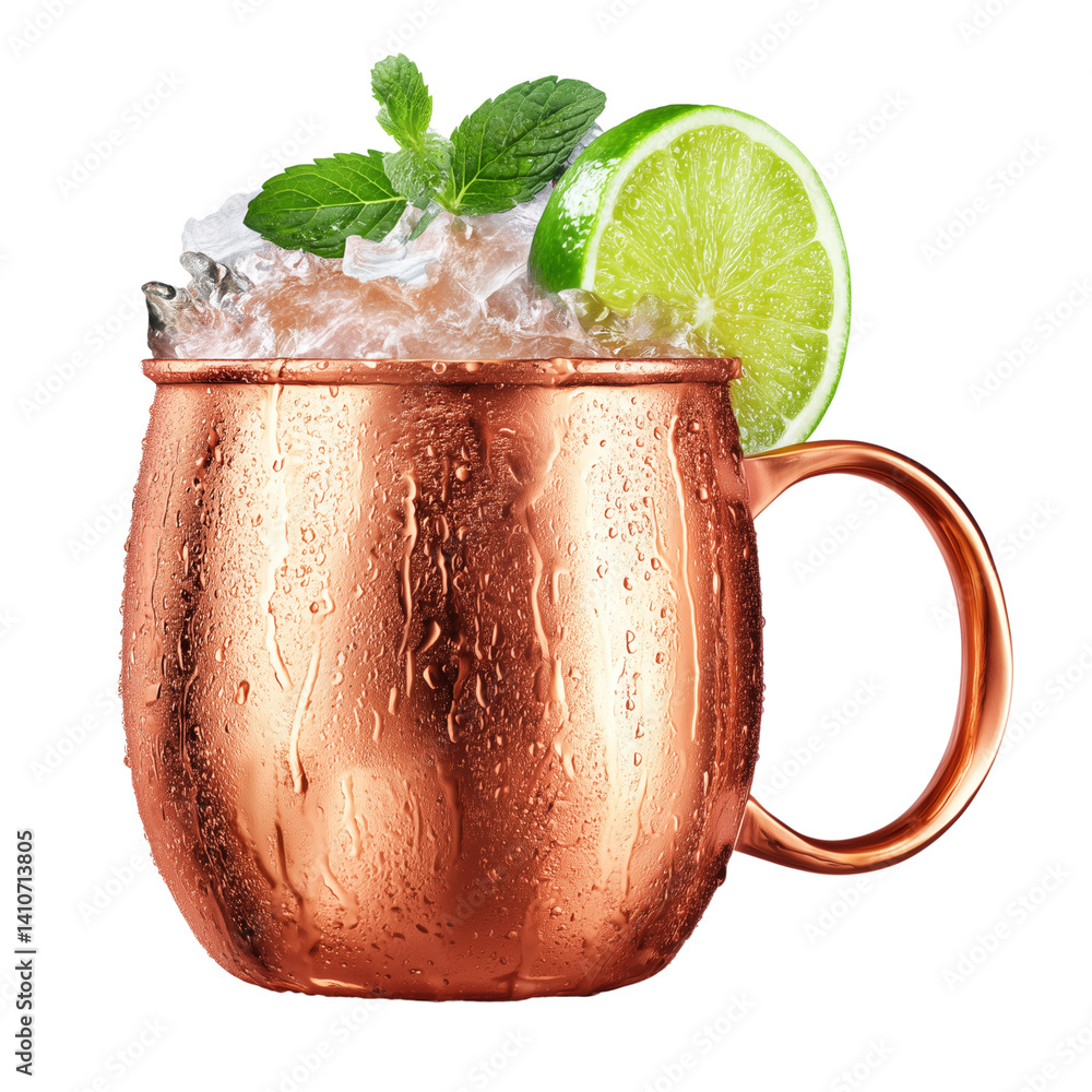 Moscow Mule cocktail in a copper mug with lime and mint