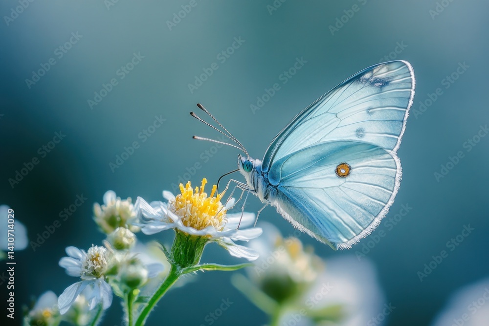 A light blue butterfly with translucent wings, gently hovering over a delicate flower A light blue butterfly with translucent wings, gently hovering over a delicate flower