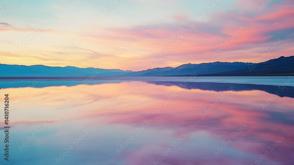 Naklejka premium Sunset Reflections: Witness the mesmerizing symphony of nature as the sky bleeds hues of pink and orange across the serene water, mirrored in perfect symmetry with the majestic mountain silhouettes.