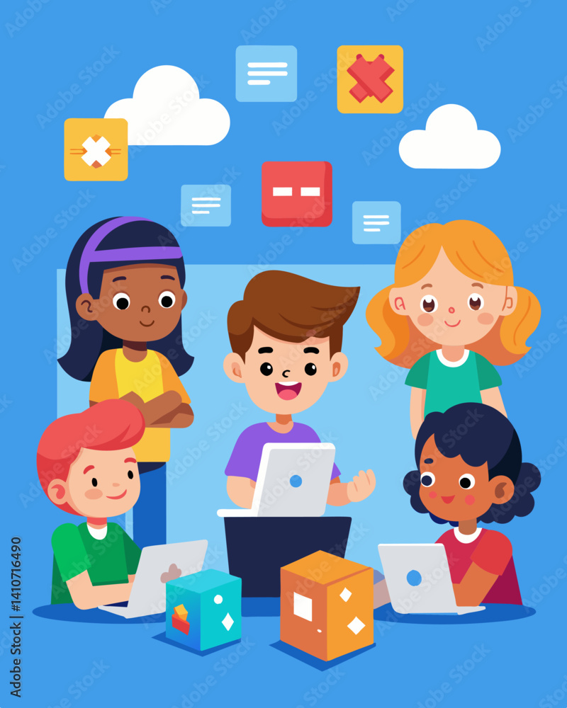 A group of children at a coding workshop learning how to use draganddrop blocks to code their own interactive stories and games.. Vector illustration A group of children at a coding workshop learning how to use draganddrop blocks to code their own interactive stories and games.. Vector illustration