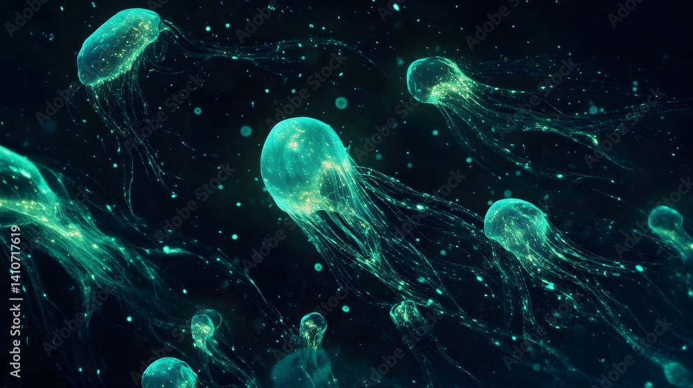 Glowing Jellyfish Swarm: A mesmerizing underwater scene featuring a school of bioluminescent jellyfish gracefully drifting through the inky blackness. Their ethereal glow creates a magical. Glowing Jellyfish Swarm: A mesmerizing underwater scene featuring a school of bioluminescent jellyfish gracefully drifting through the inky blackness. Their ethereal glow creates a magical.