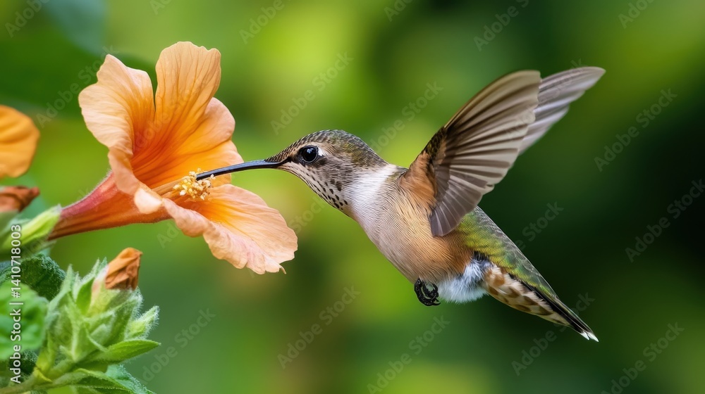 Fototapeta premium A hummingbird in flight, feeding on a vibrant orange hibiscus flower.