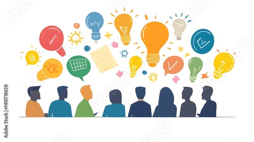Collaborative Brainstorming: A group of people huddle together, their silhouettes surrounded by a vibrant flurry of lightbulbs and speech bubbles.