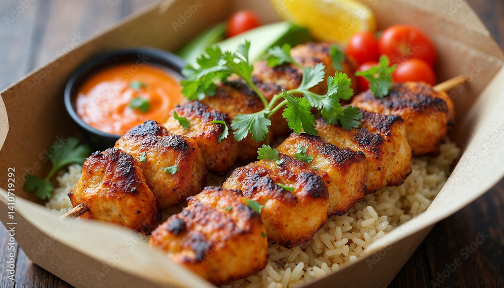 Grilled chicken skewers with vegetables, rice and sauce in a takeaway box Grilled chicken skewers with vegetables, rice and sauce in a takeaway box