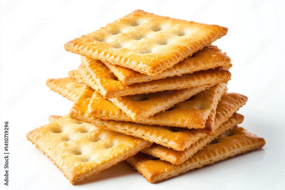 A pile of crispy crackers stacked together, isolated on a white background A pile of crispy crackers stacked together, isolated on a white background