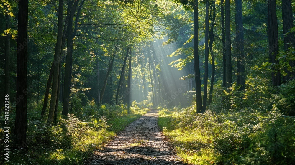 Obraz premium Sunlit forest path leads into the depths of nature quietly