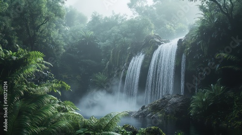 Misty waterfall forest landscape