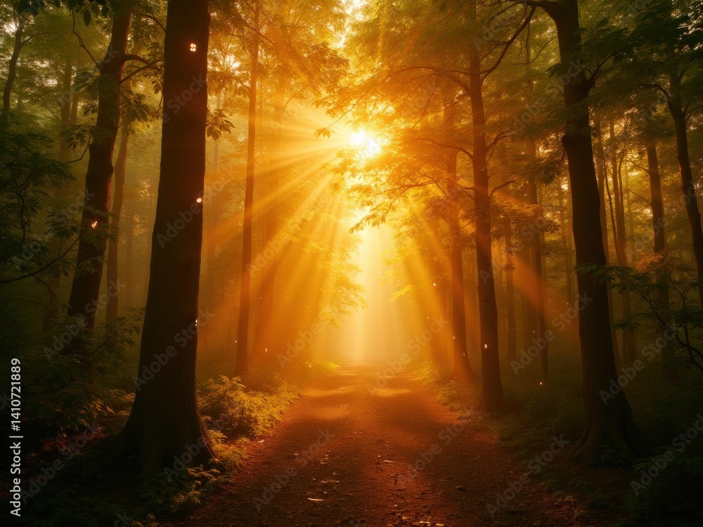 Obraz premium A picturesque path winds through a dense forest bathed in the warm golden light of sunrise Mist hangs in the air adding an ethereal quality to the scene The sun's rays stream through the trees creatin
