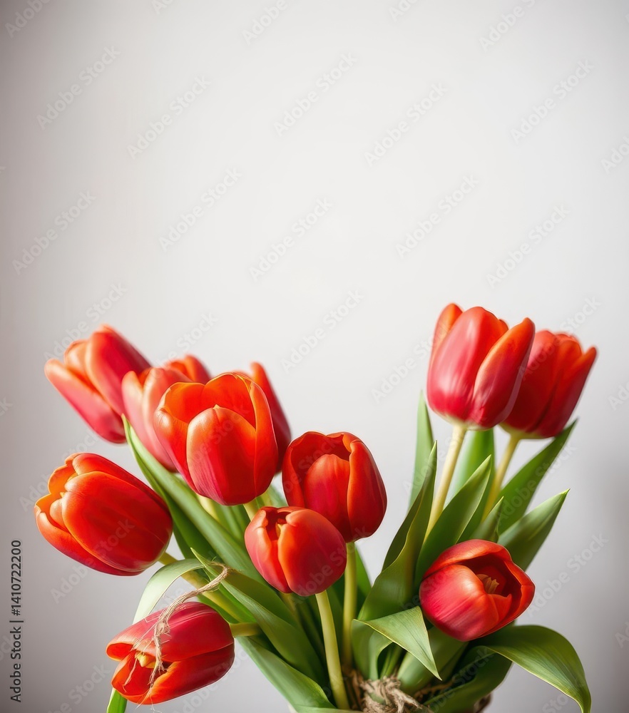 Fototapeta premium A vibrant bouquet of red tulips tied simply with raffia, flowers, gift