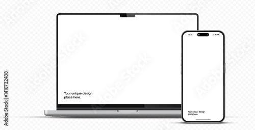 Modern laptop mockup front view and smartphone mockup high quality isolated on white background. Notebook mockup and phone device mockup for ui ux app and website presentation Stock Vector.