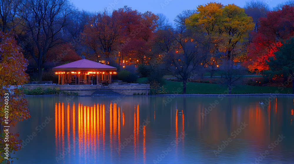 Fototapeta premium Autumn Park Pond At Twilight With Illuminated Gazebo