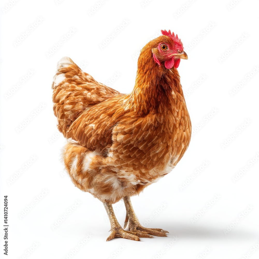 Fototapeta premium A full view of a brown feathered hen standing isolated on white background