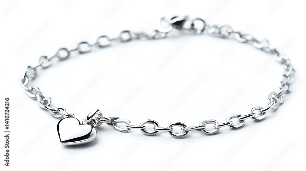 A silver chain bracelet with a heart charm, shiny and delicate, isolated on a white background A silver chain bracelet with a heart charm, shiny and delicate, isolated on a white background