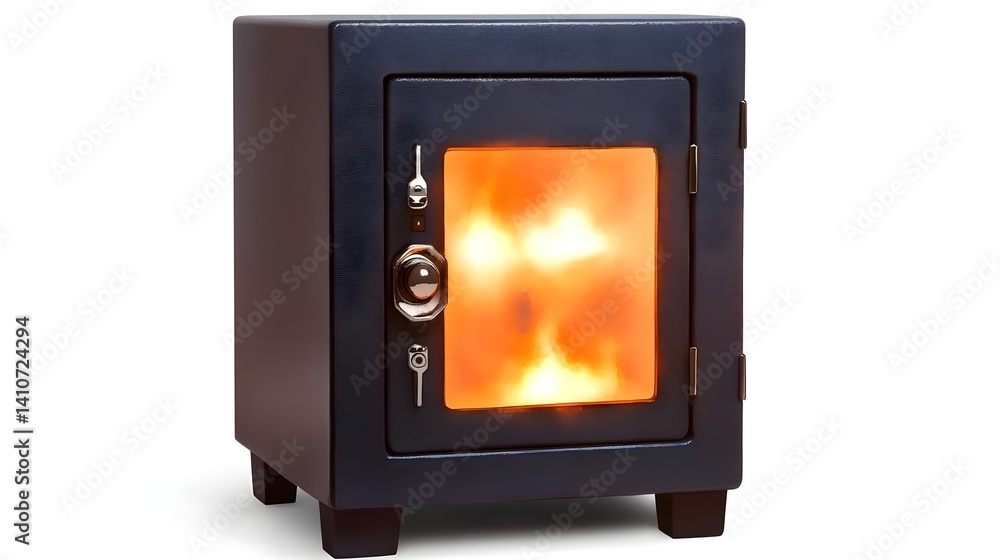 Fototapeta premium A small, black safe with a glowing interior, suggesting warmth and security, possibly representing a fireproof design.