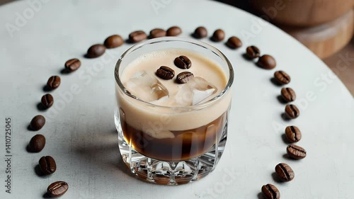 A glass of coffee with ice and beans arranged around it, showcasing a refreshing drink.