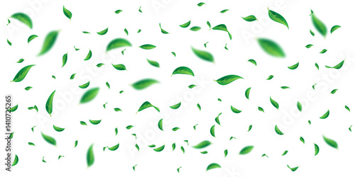 Vector foliage floating ornament. Vegan, eco, organic design element. Leaf falling. Cosmetic pattern border. Fresh tea background. Beauty natural product. Green flying leaf dancing.