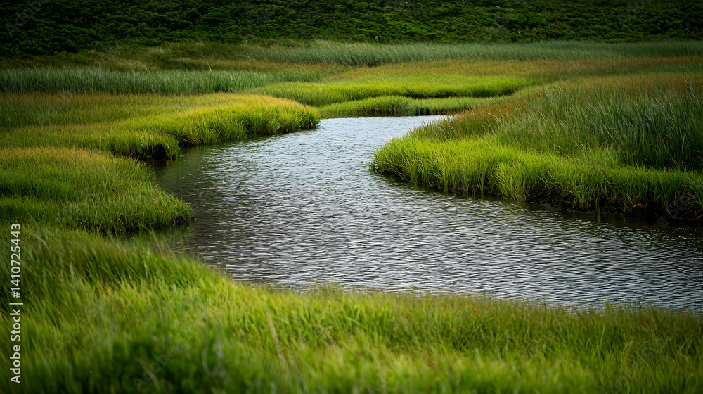 Tranquil Stream Winding Through Lush Meadow Tranquil Stream Winding Through Lush Meadow