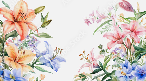 watercolor botanical Lilly flowers texture template background.Elegant wedding invitation card background . Minimal hand painted Design for wedding or Valentine's Day