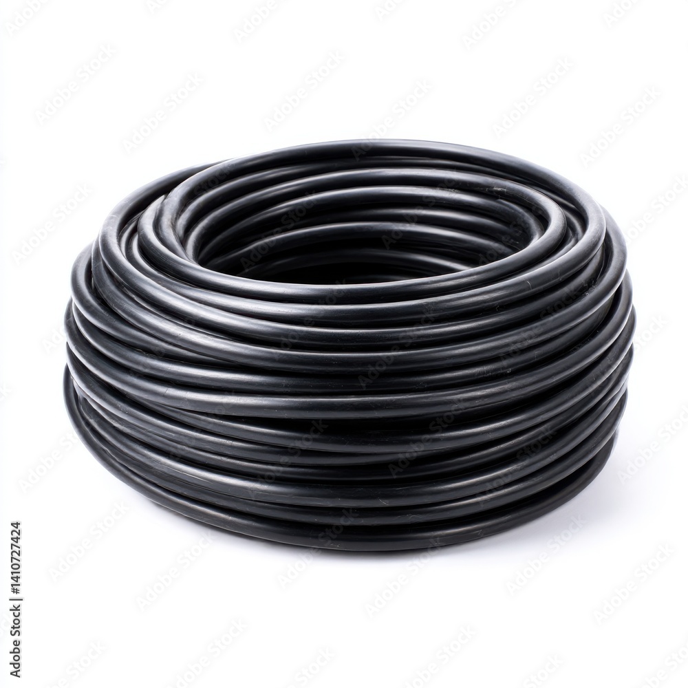 A coiled length of flexible dark colored tubing roll isolated on white background A coiled length of flexible dark colored tubing roll isolated on white background