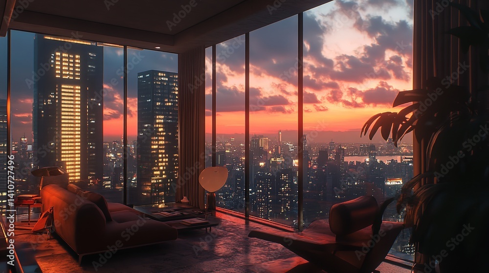 Fototapeta premium Stunning Cityscape Sunset View from Modern Apartment Luxury Penthouse Evening Night Cityscape Apartment Living Room Interior Design Comfortable Sofa