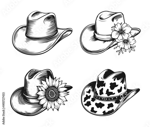 Western Cowboy Hat Set. Vintage Style Illustrations are perfect for western-themed design projects, apparel prints, stickers, or tattoo concepts