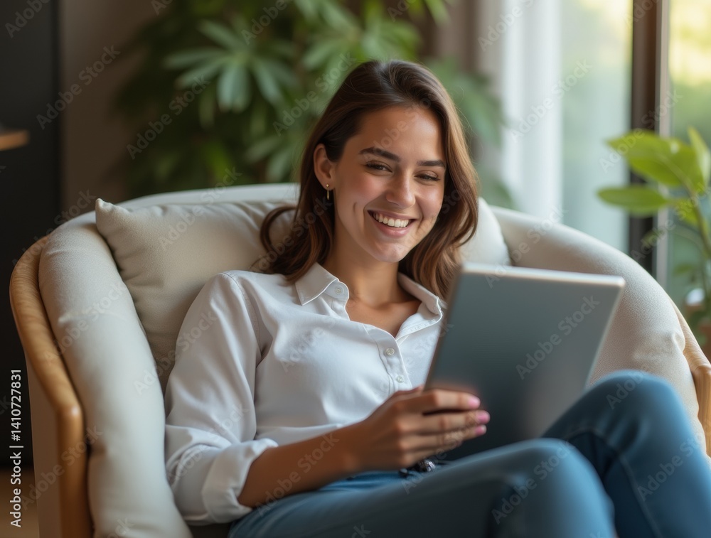 Naklejka premium Woman relaxing on daybed after working on tablet, hotel lounge with greenery and soft light, elegant mix of business and leisure.
