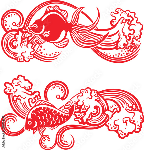 Vector Chinese koi and gold fish ornamental designs with wave backgrounds. Asian luxury traditional fish illustrations for greeting cards, Chinese New Year designs, calendars, logos, signs. Cut-ready.