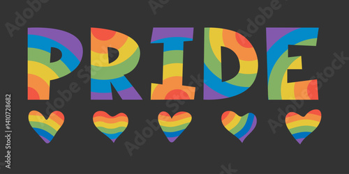 Pride word with rainbow striped texture and colorful hearts. LGBTQ lettering isolated on black. Template for Pride Month content, banner, flyer, sticker, social media, greeting card, print, t-shirt