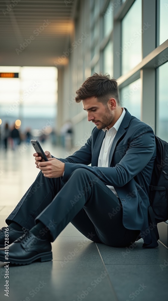 Man working on smartphone while sitting on floor in airport, casual business look, early morning vibe, modern travel hustle captured. Man working on smartphone while sitting on floor in airport, casual business look, early morning vibe, modern travel hustle captured.