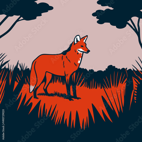 Majestic Maned Wolf with golden-red coat, South America’s tallest wild canid, illustrated in its natural Cerrado habitat.