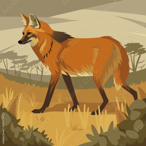 Majestic Maned Wolf with golden-red coat, South America’s tallest wild canid, illustrated in its natural Cerrado habitat.