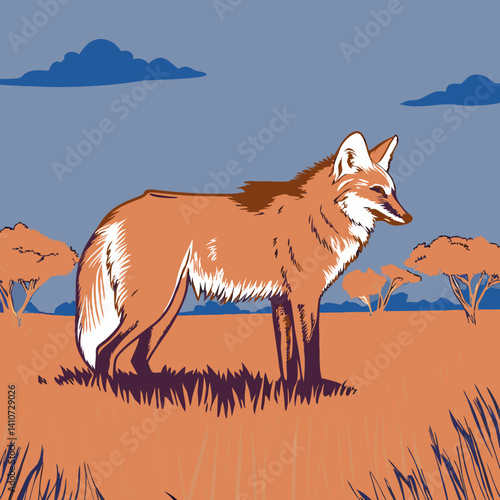 Majestic Maned Wolf with golden-red coat, South America’s tallest wild canid, illustrated in its natural Cerrado habitat.