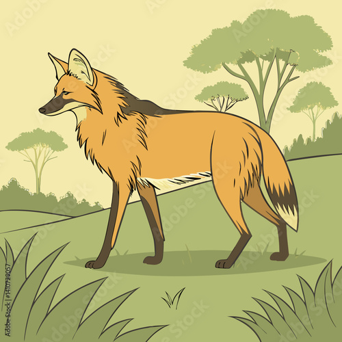 Majestic Maned Wolf with golden-red coat, South America’s tallest wild canid, illustrated in its natural Cerrado habitat.