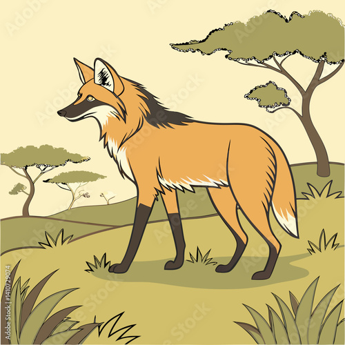 Majestic Maned Wolf with golden-red coat, South America’s tallest wild canid, illustrated in its natural Cerrado habitat.